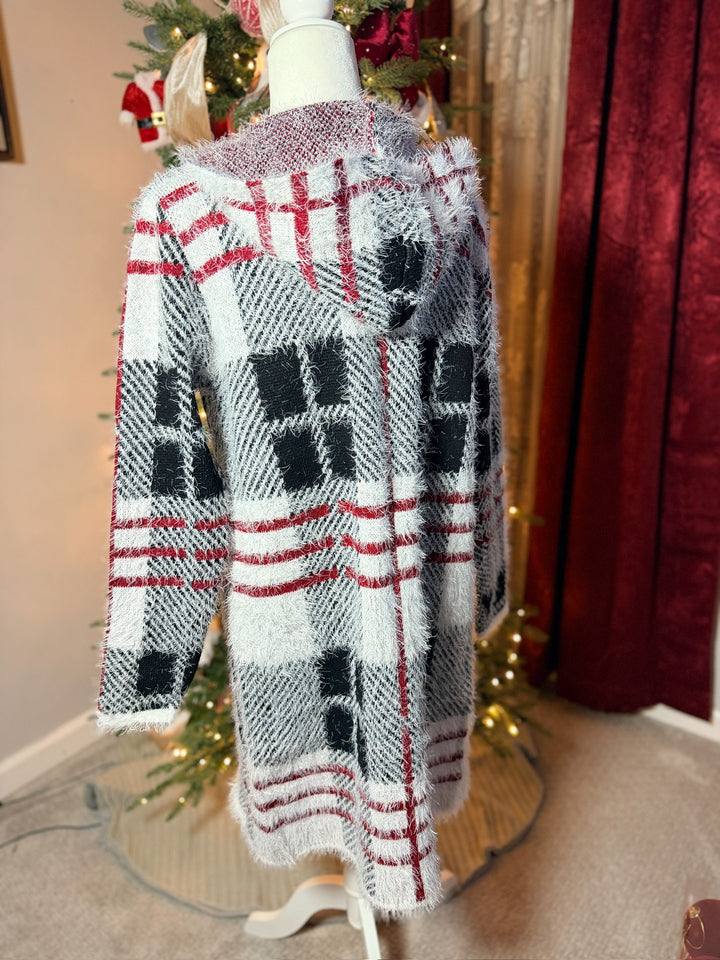 Fuzzy Eyelash Hooded Plaid Pattern Coatigan