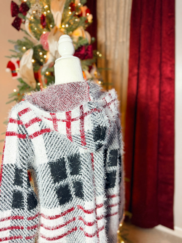 Fuzzy Eyelash Hooded Plaid Pattern Coatigan