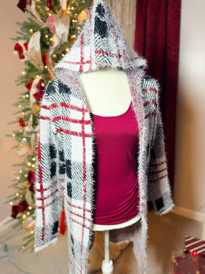 Fuzzy Eyelash Hooded Plaid Pattern Coatigan
