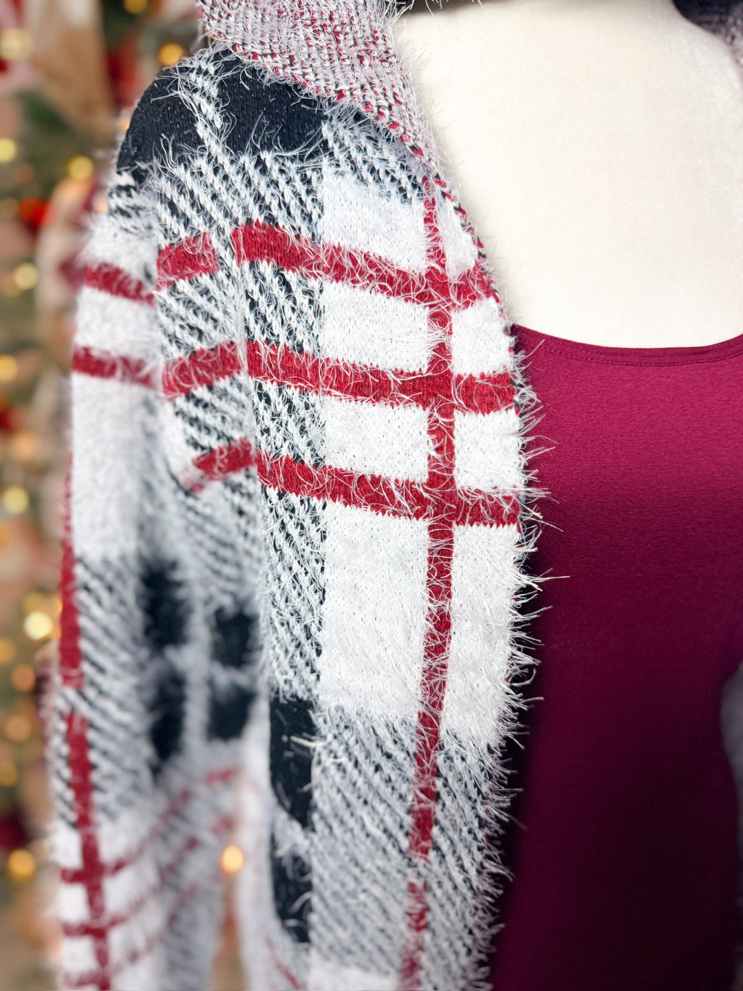 Fuzzy Eyelash Hooded Plaid Pattern Coatigan