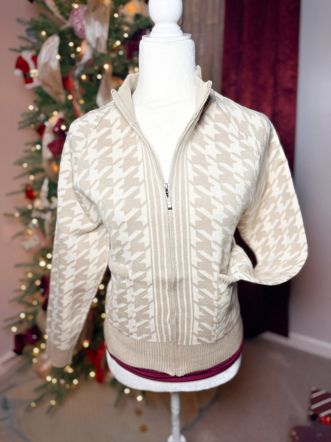 Double Knit Houndstooth Pattern Bomber Jacket