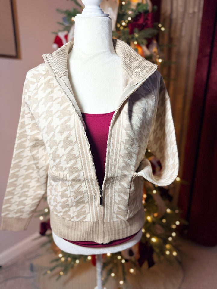 Double Knit Houndstooth Pattern Bomber Jacket