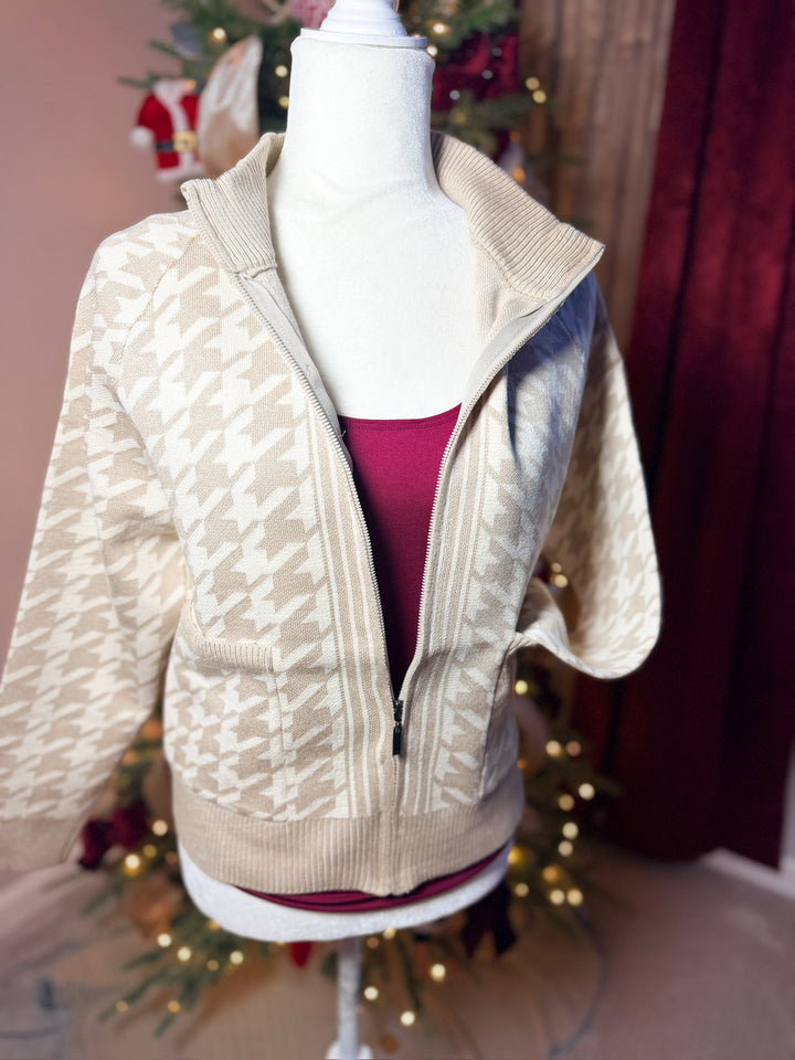 Double Knit Houndstooth Pattern Bomber Jacket