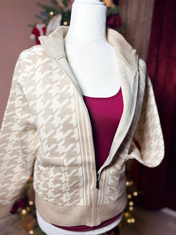 Double Knit Houndstooth Pattern Bomber Jacket