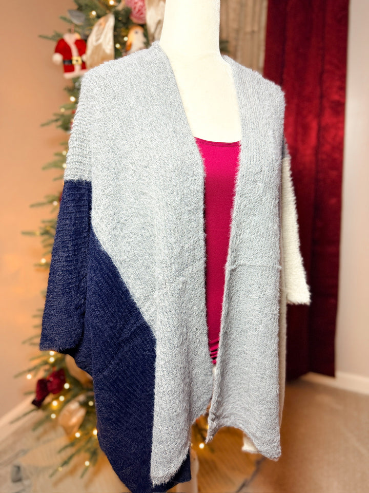 Fuzzy Eyelash Color Blocked Shawl Cardigan