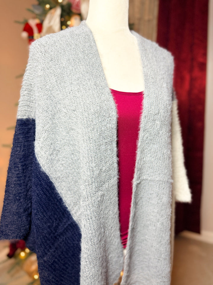 Fuzzy Eyelash Color Blocked Shawl Cardigan