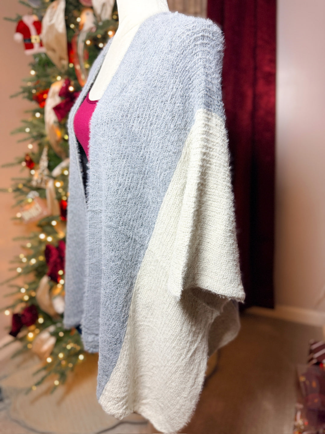 Fuzzy Eyelash Color Blocked Shawl Cardigan