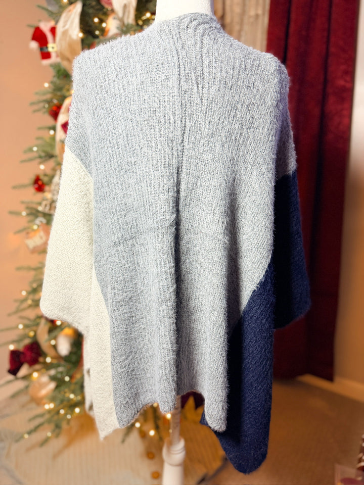 Fuzzy Eyelash Color Blocked Shawl Cardigan