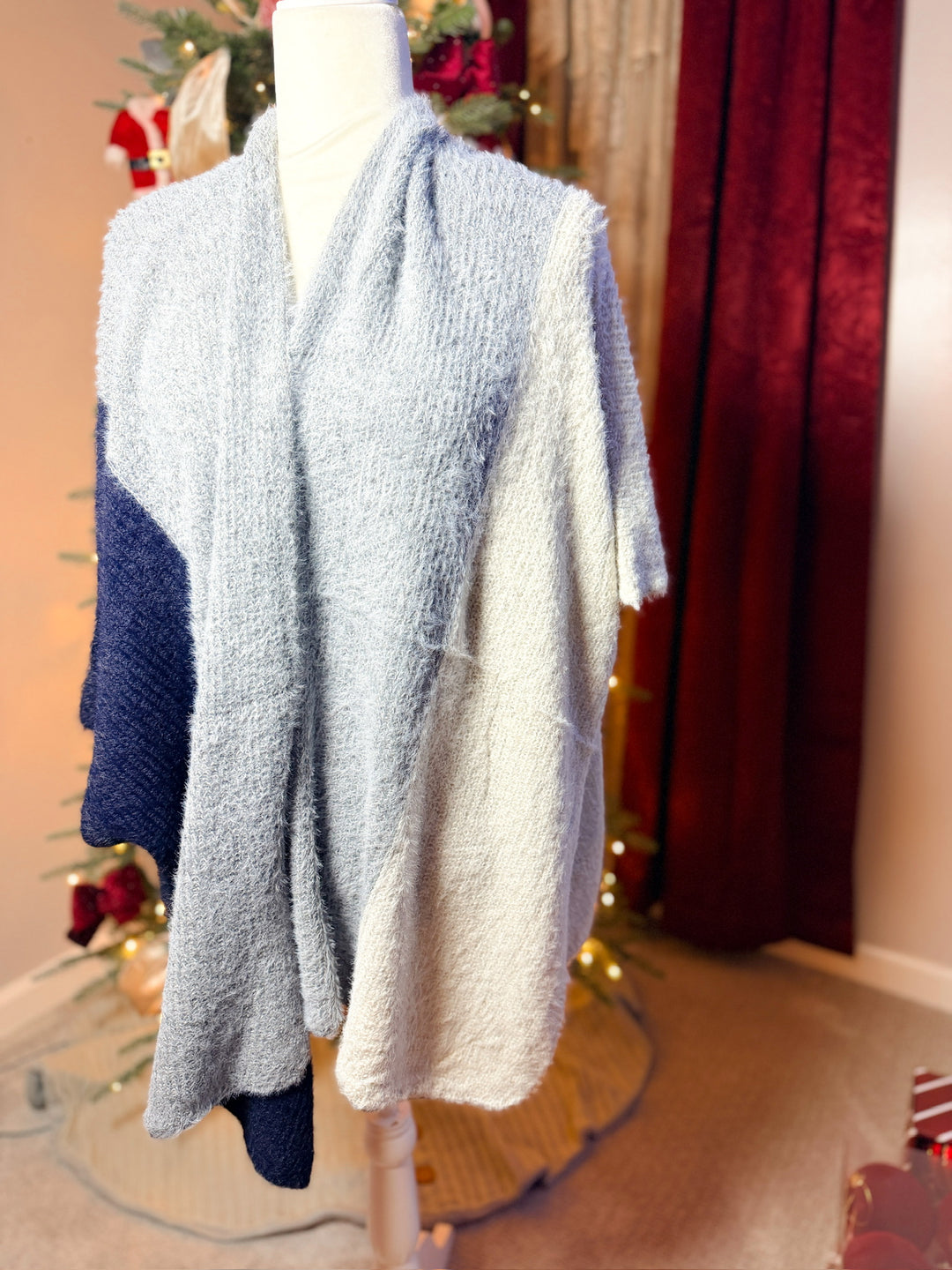 Fuzzy Eyelash Color Blocked Shawl Cardigan