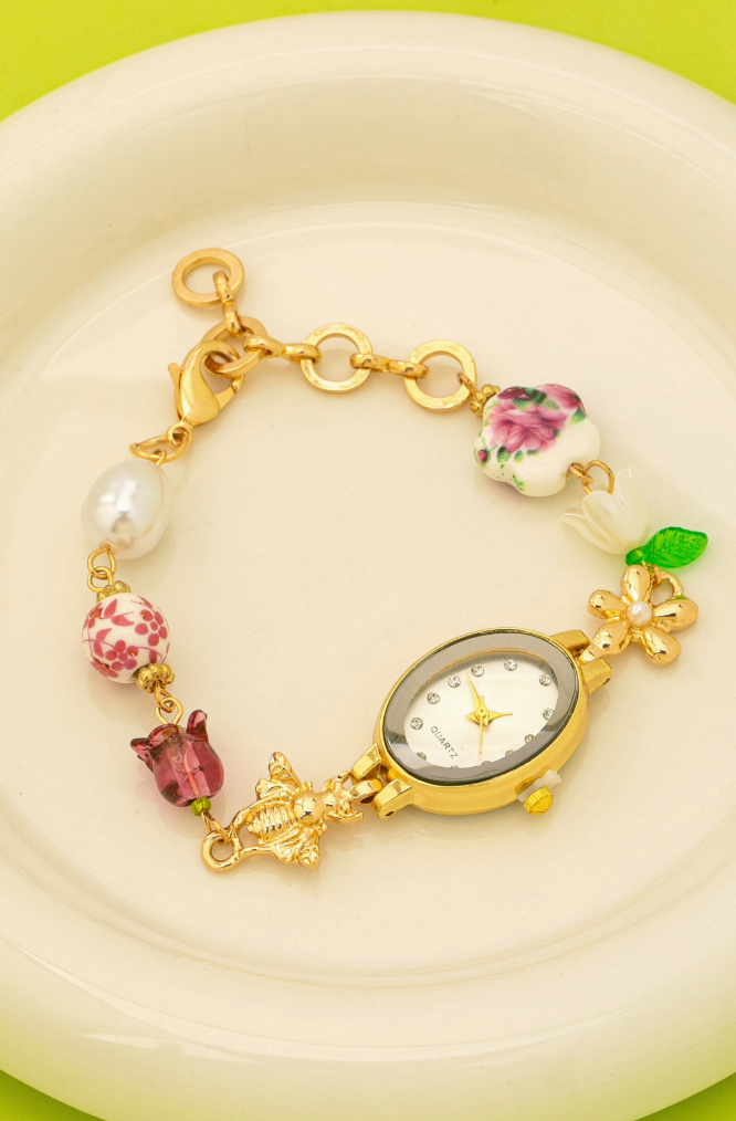 Oval Dial Porcelain Charm Bracelet Watch