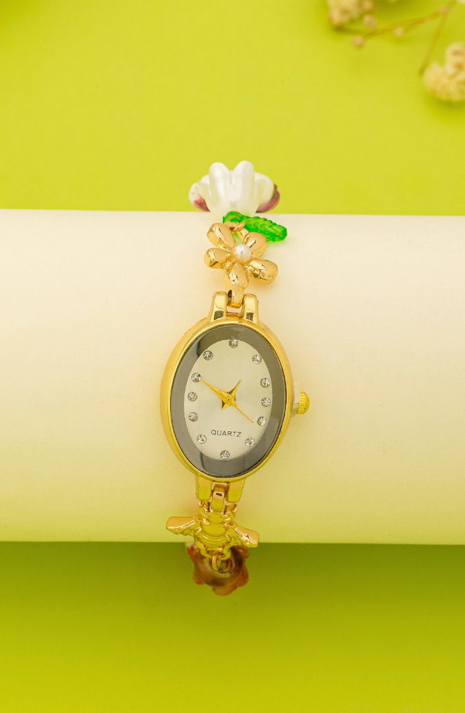 Oval Dial Porcelain Charm Bracelet Watch