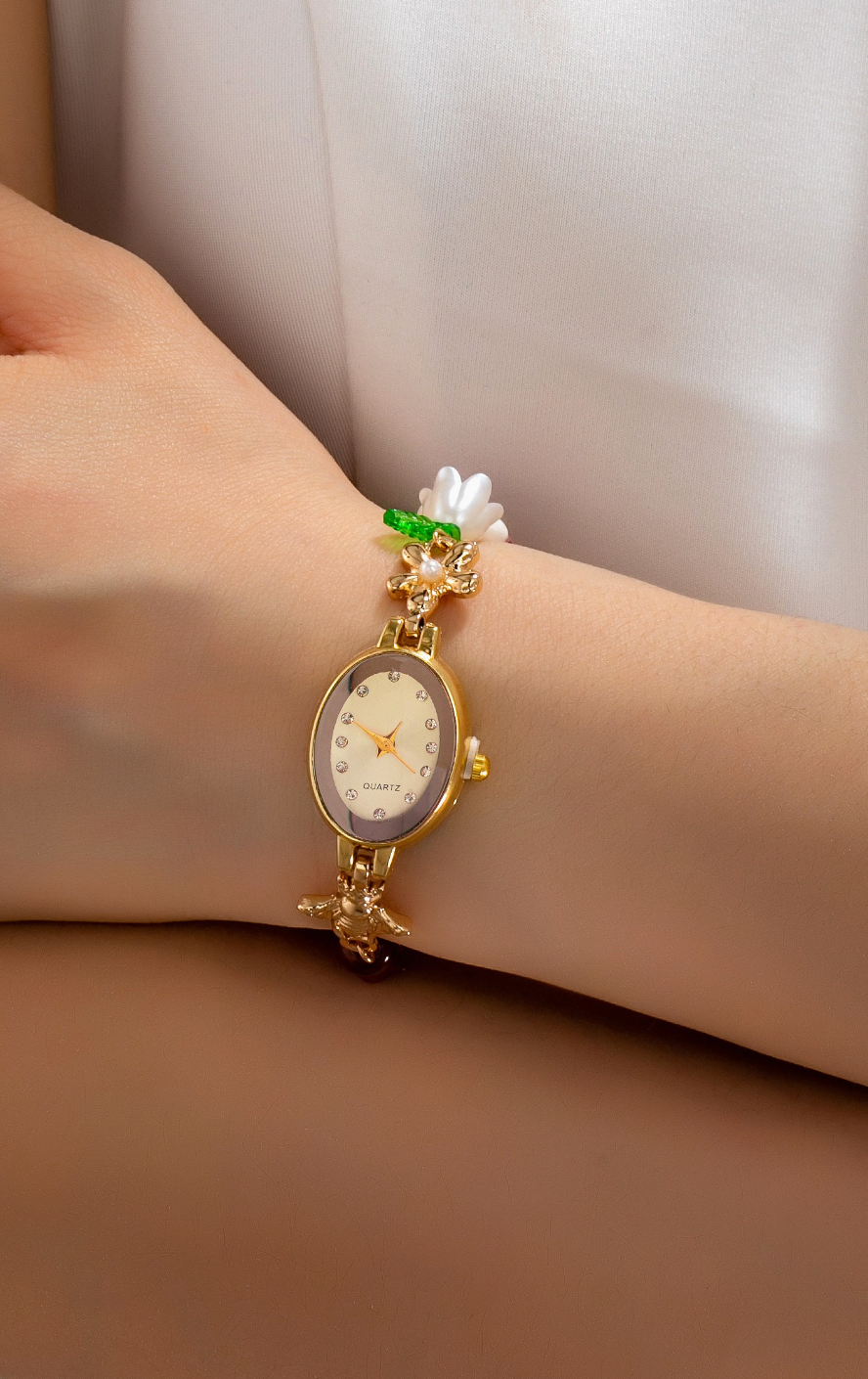 Oval Dial Porcelain Charm Bracelet Watch