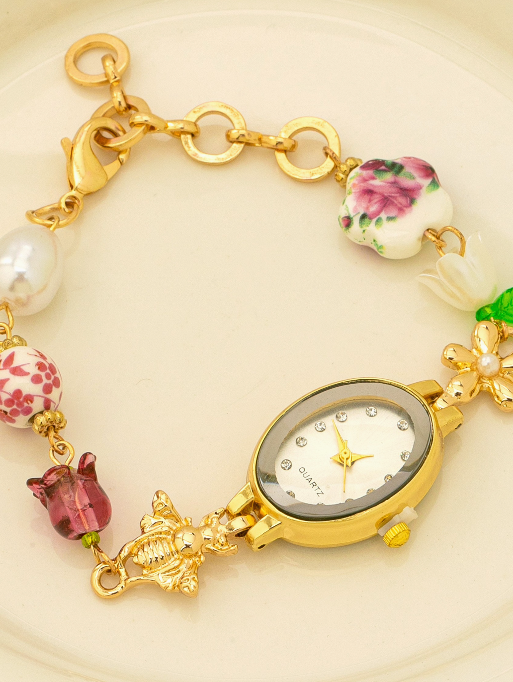 Oval Dial Porcelain Charm Bracelet Watch