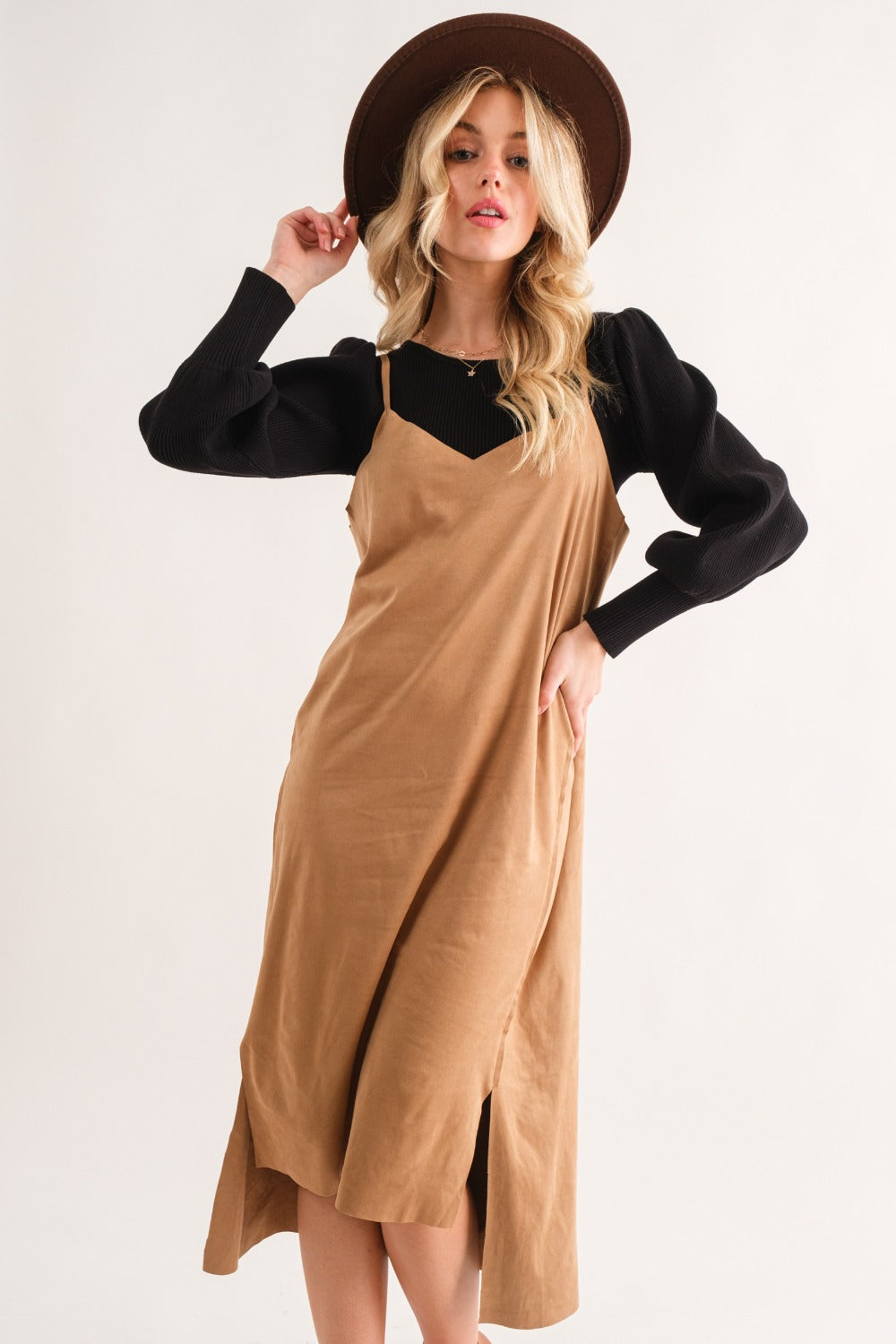 faux suede midi dress And The Why Cut Edge Slit Cami Khaki / M Color:Light Pink Leather The River Island faux Double Breasted Suits Unic Mariah white floral-print ruffled