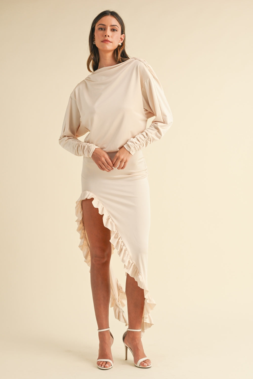Mable Backless Asymmetric Ruffle Hem Dress Cream / M
