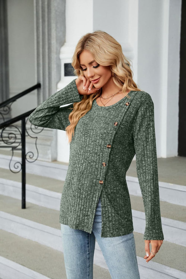 Buttoned Long Sleeve Slit Top - The Teal Antler Boutique