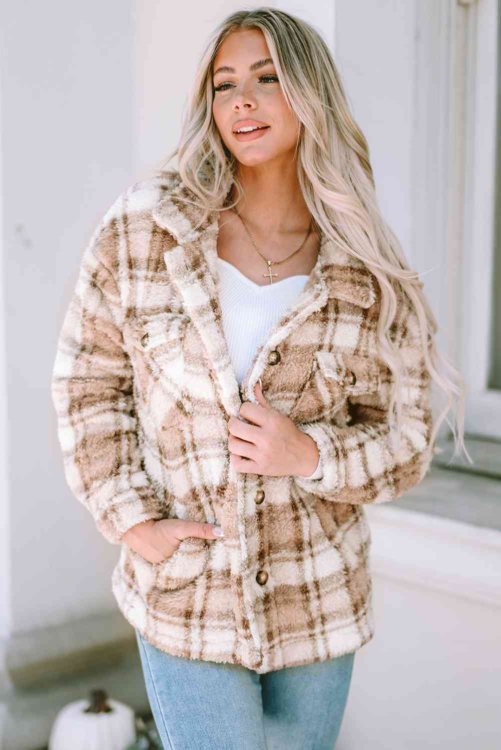 Plaid Collared Neck Jacket - The Teal Antler Boutique