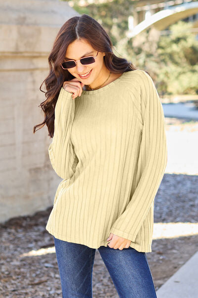 Basic Bae Full Size Ribbed Round Neck Long Sleeve Knit Top - The Teal Antler Boutique