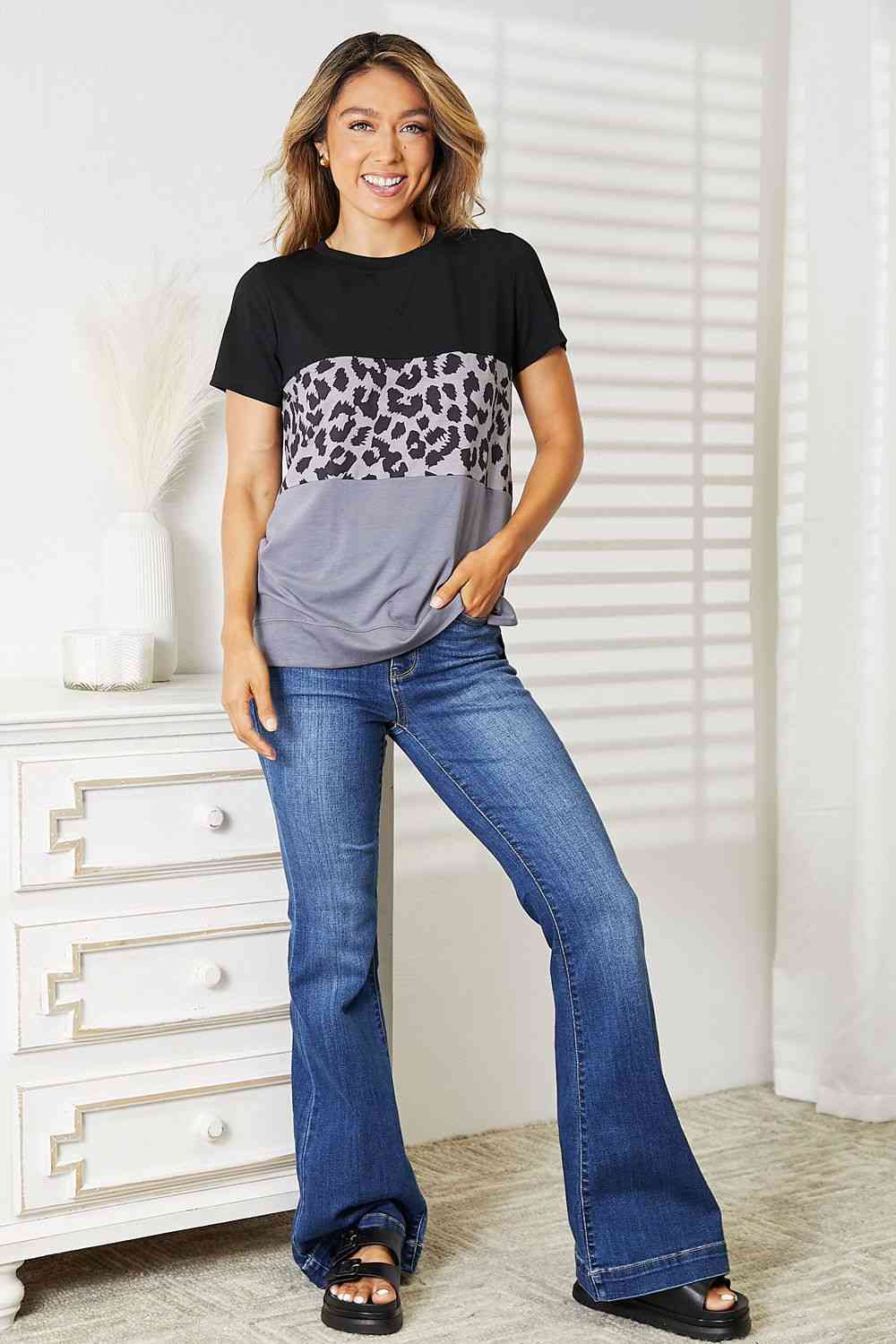 Double Take Leopard Print Color Block Short Sleeve T-Shirt - The Teal Antler Boutique