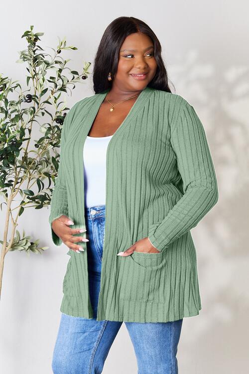 Basic Bae Full Size Ribbed Open Front Cardigan with Pockets - The Teal Antler Boutique