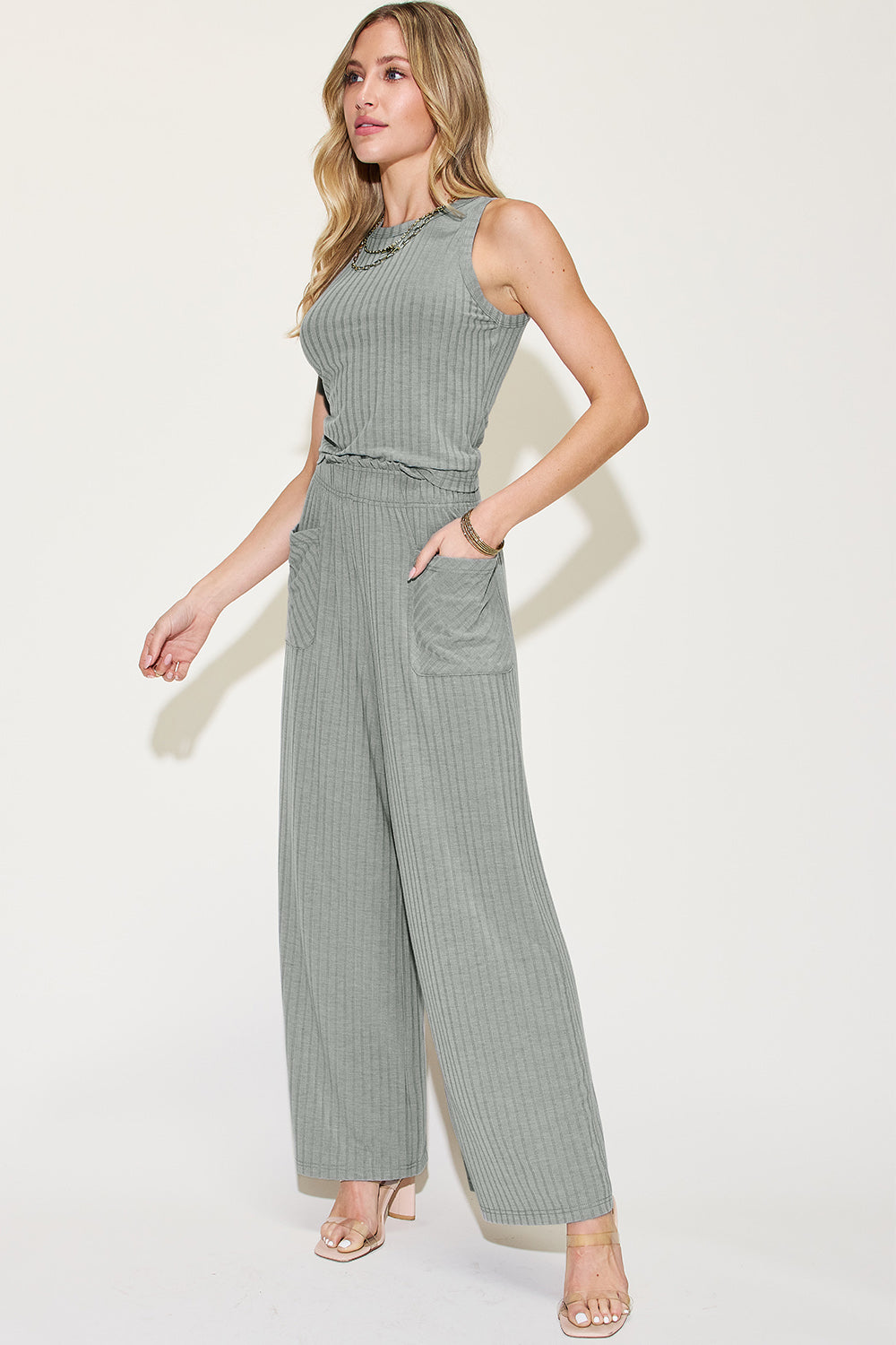Basic Bae Full Size Ribbed Tank and Wide Leg Pants Set - The Teal Antler Boutique