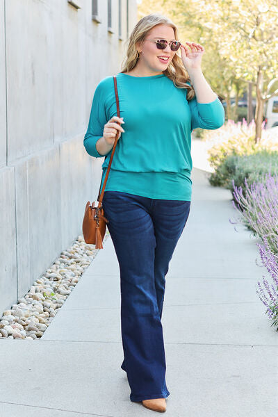 Basic Bae Full Size Round Neck Batwing Sleeve Blouse - The Teal Antler Boutique