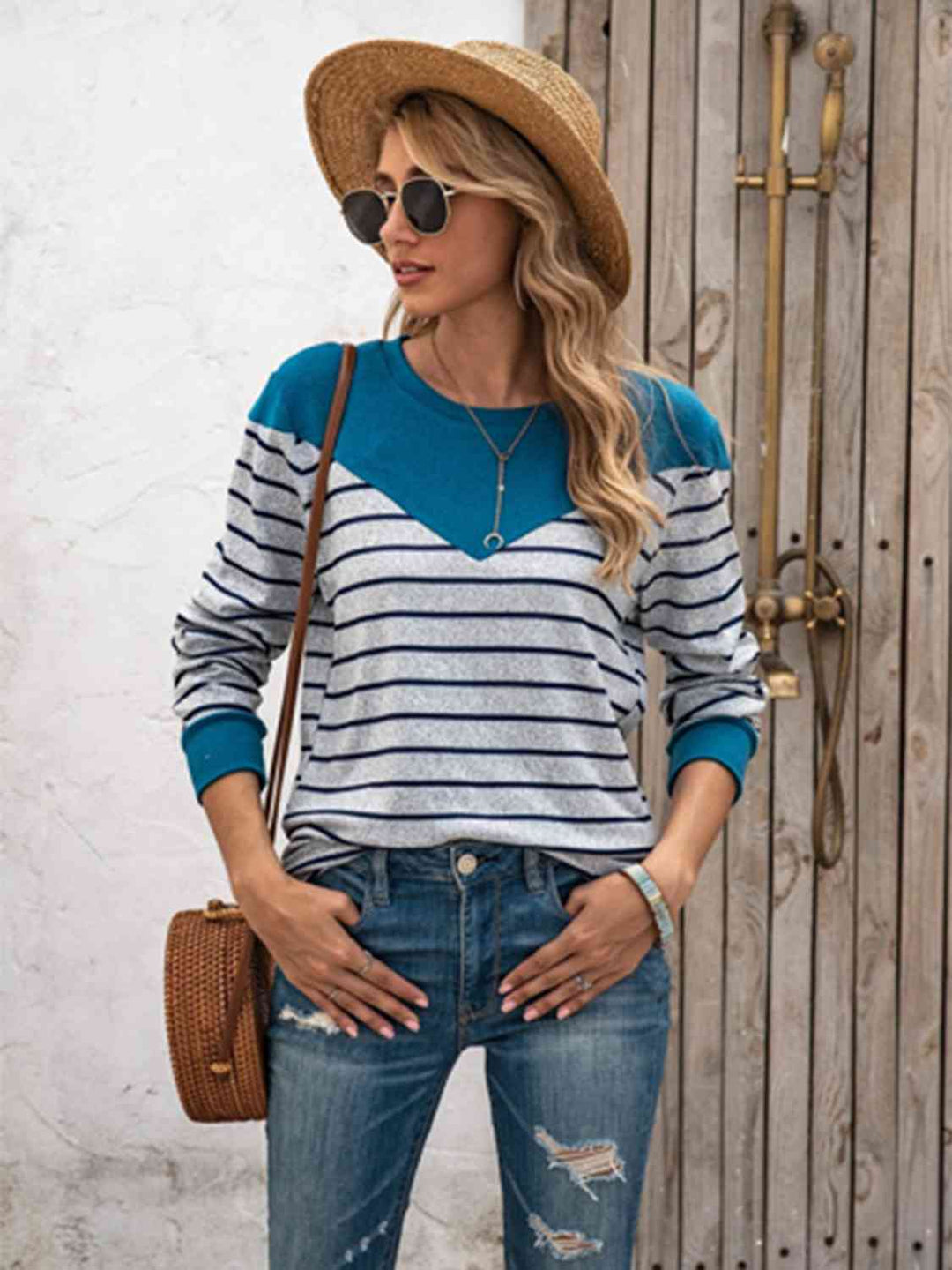 Striped Round Neck Long Sleeve T-Shirt - The Teal Antler Boutique