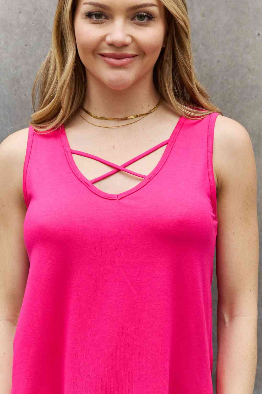 BOMBOM Criss Cross Front Detail Sleeveless Top in Hot Pink - The Teal Antler Boutique
