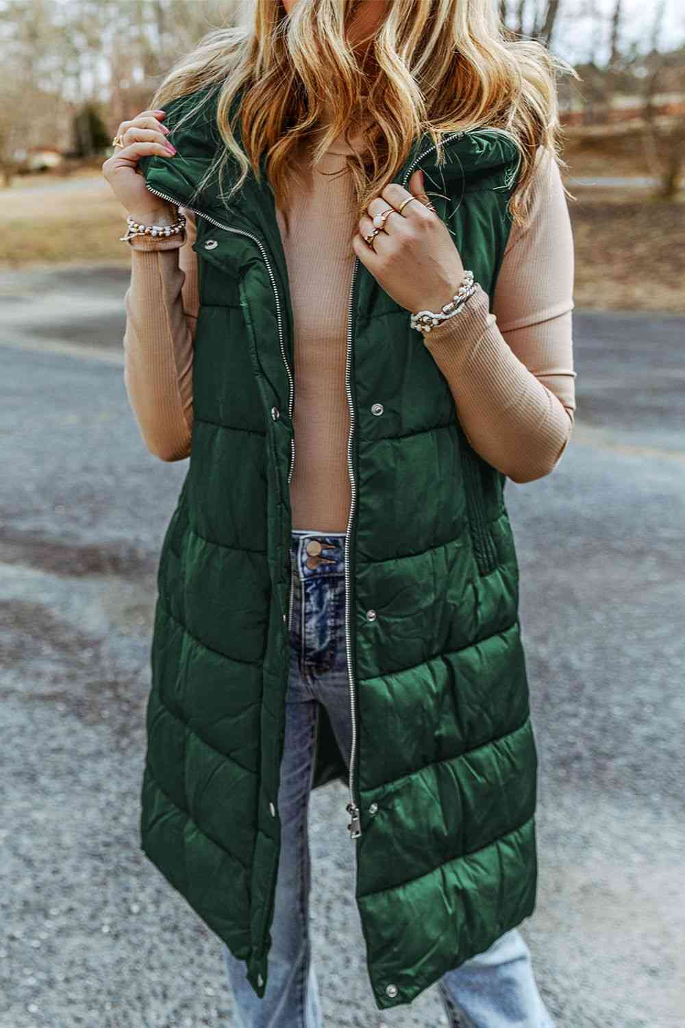 Longline Hooded Sleeveless Puffer Vest - The Teal Antler Boutique