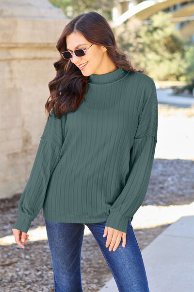 Basic Bae Full Size Ribbed Exposed Seam Mock Neck Knit Top - The Teal Antler Boutique