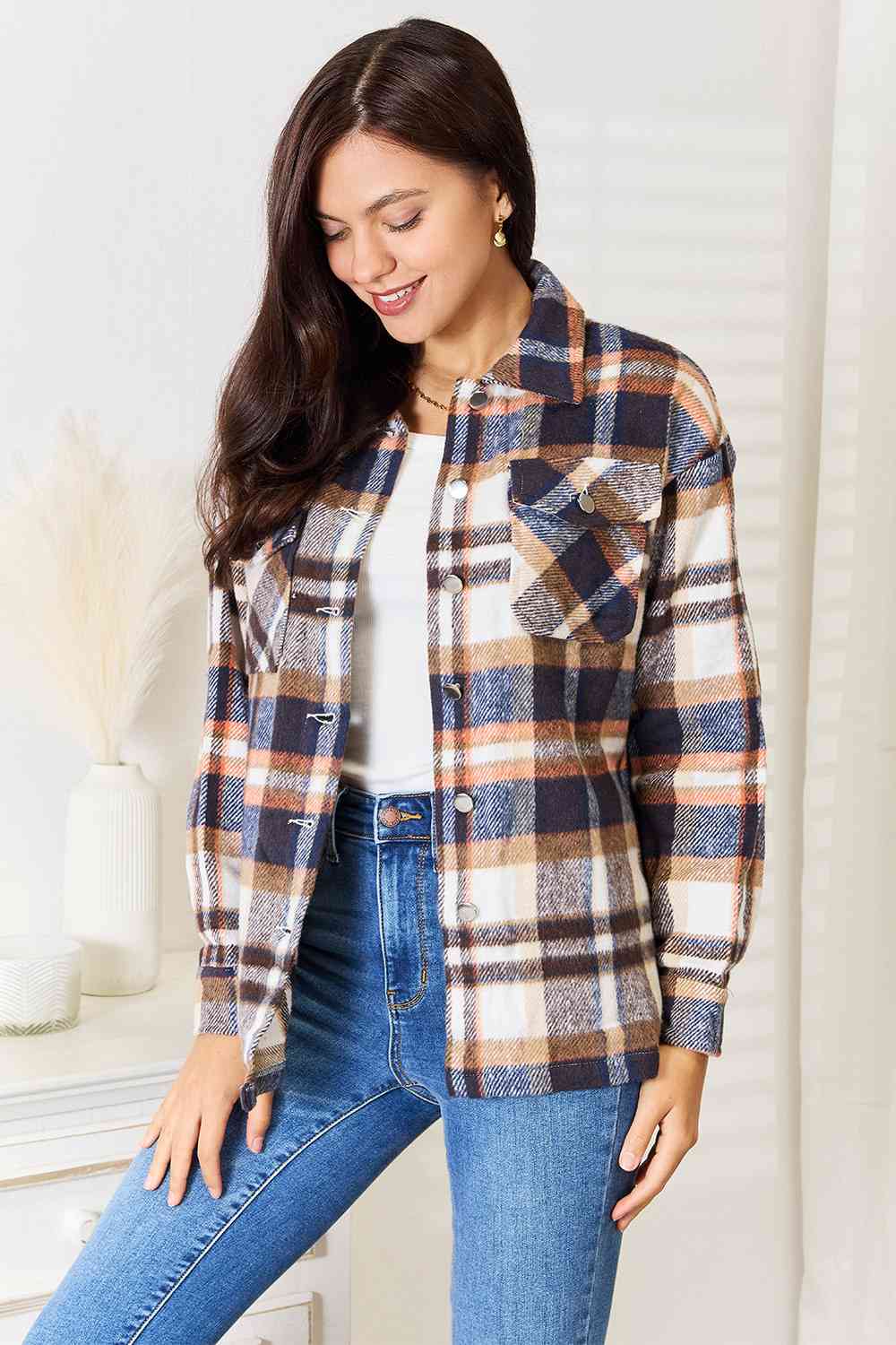 Double Take Plaid Button Front Shirt Jacket with Breast Pockets - The Teal Antler Boutique