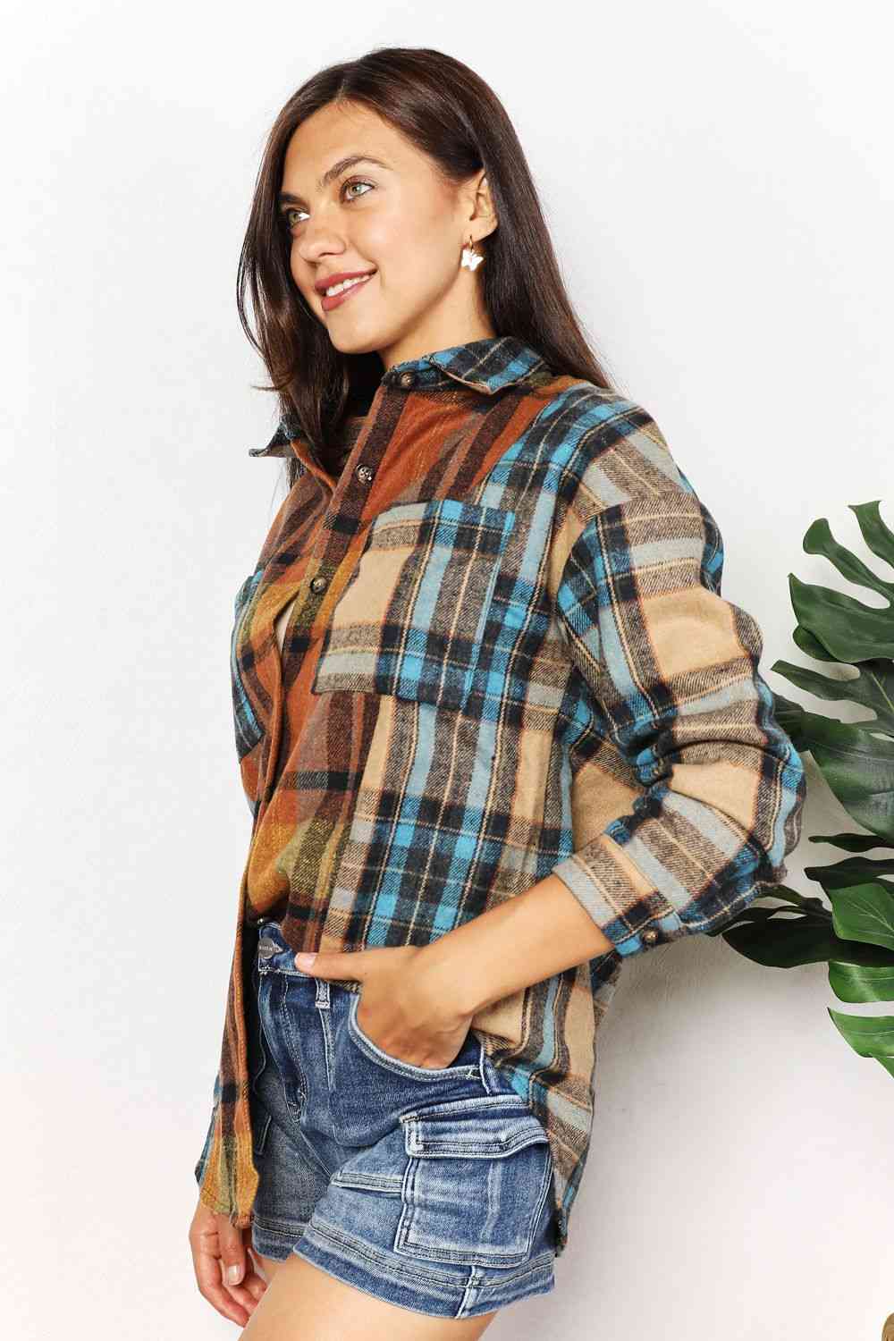 Double Take Plaid Curved Hem Shirt Jacket with Breast Pockets - The Teal Antler Boutique