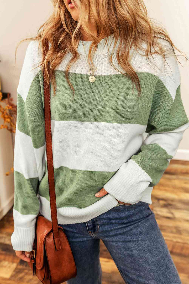Color Block Round Neck Drop Shoulder Sweater - The Teal Antler Boutique