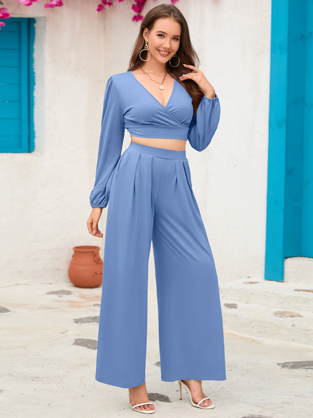 Surplice Top and Wide Leg Pants Set - The Teal Antler Boutique