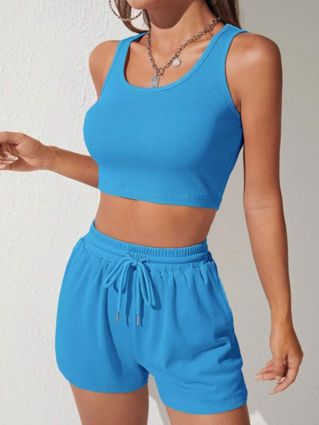 Scoop Neck Wide Strap Top and Drawstring Shorts Set - The Teal Antler Boutique