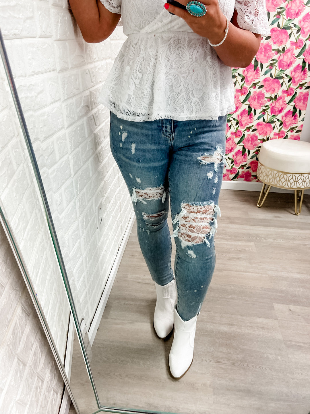 Mid-Rise Lace Patch Skinny Jeans - The Teal Antler Boutique