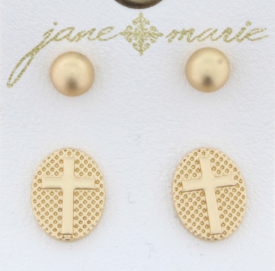 JM Gold Ball&Cross Textured Oval Earring Set - The Teal Antler™