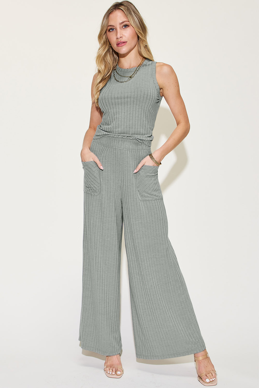 Basic Bae Full Size Ribbed Tank and Wide Leg Pants Set - The Teal Antler Boutique