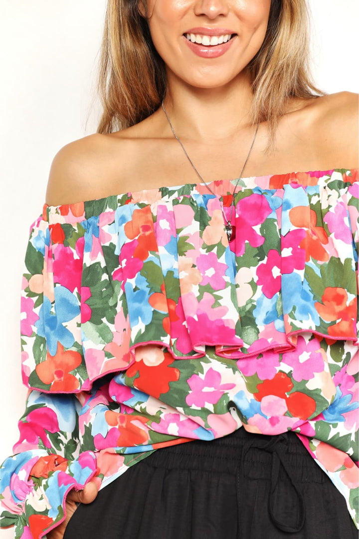 Double Take Floral Off-Shoulder Flounce Sleeve Layered Blouse - The Teal Antler Boutique