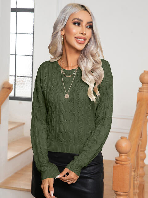 Cable-Knit Round Neck Long Sleeve Sweater - The Teal Antler Boutique