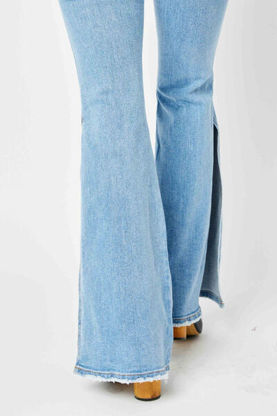 Judy Blue Full Size Mid Rise Raw Hem Slit Flare Jeans - The Teal Antler Boutique