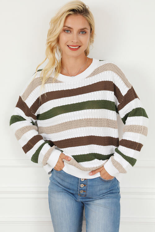 Striped Openwork Dropped Shoulder Sweater - The Teal Antler Boutique
