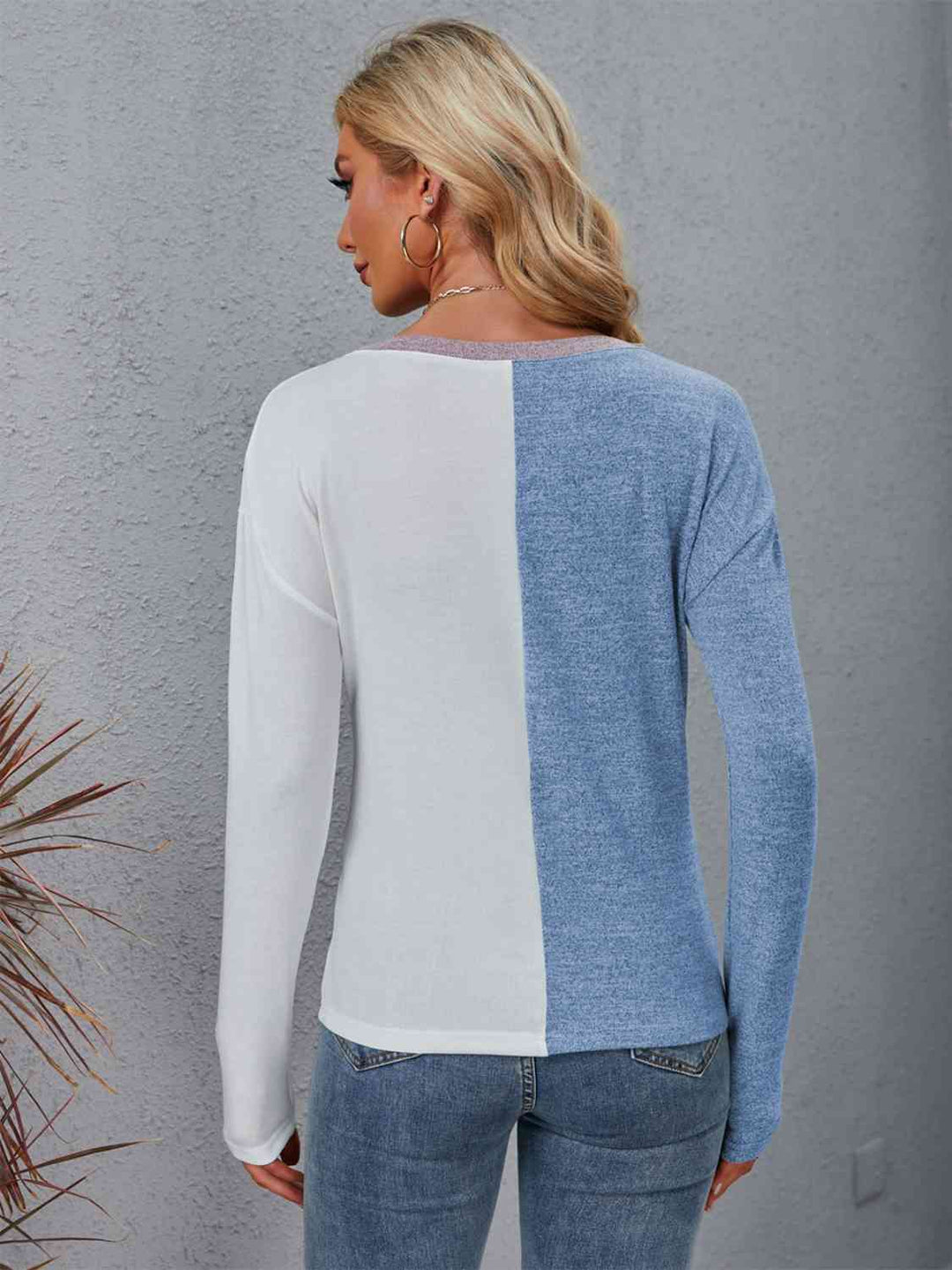 Color Block Round Neck Top with Pocket - The Teal Antler Boutique