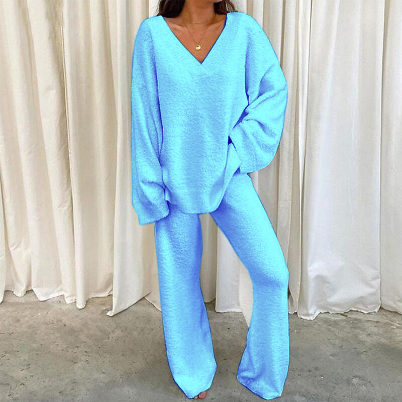 V-Neck Long Sleeve Top and Long Pants Set - The Teal Antler Boutique