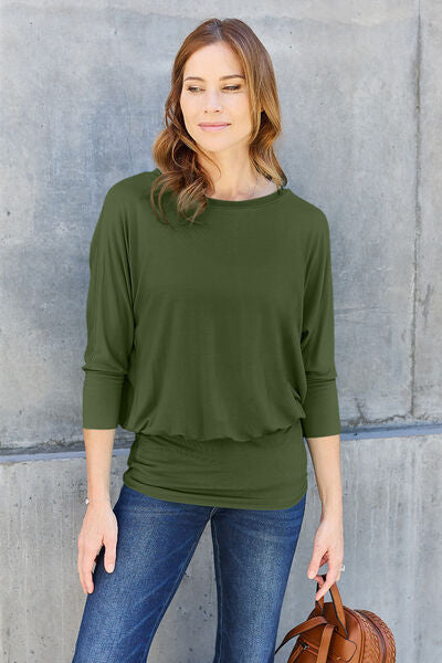 Basic Bae Full Size Round Neck Batwing Sleeve Blouse - The Teal Antler Boutique