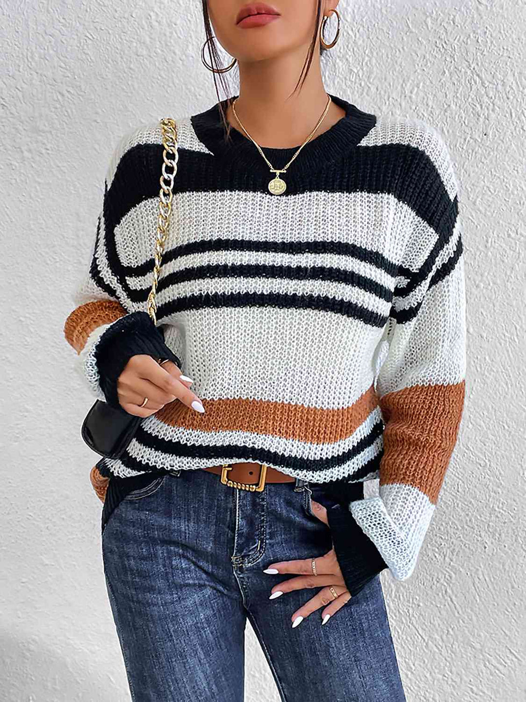 Striped Round Neck Sweater - The Teal Antler Boutique