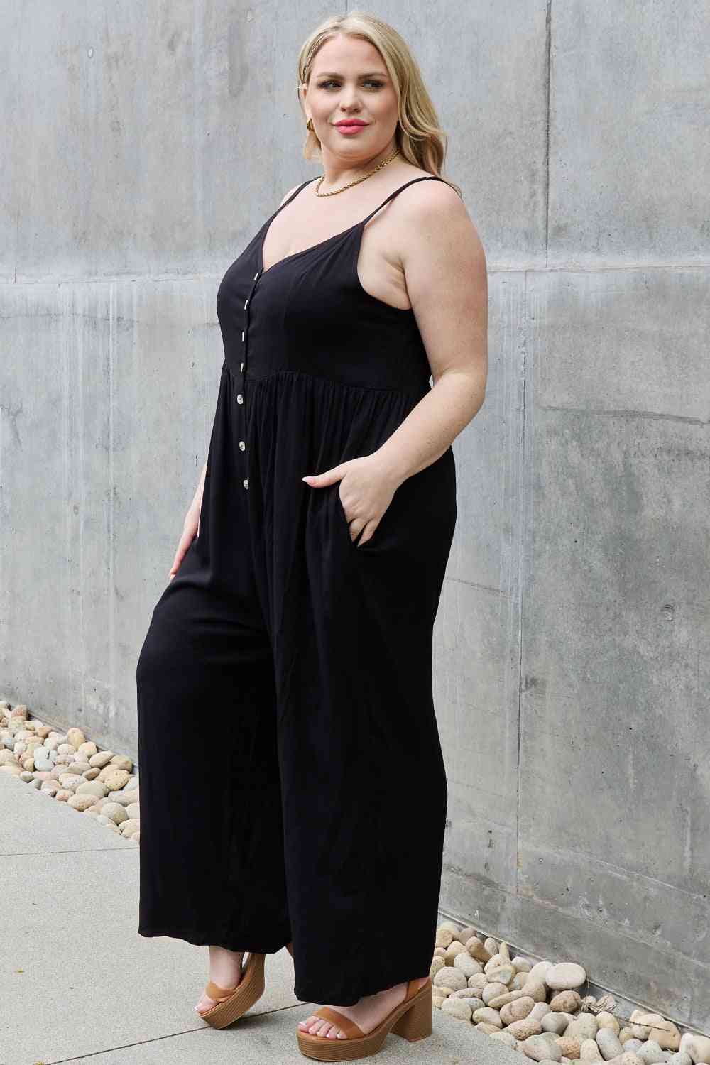 HEYSON All Day Full Size Wide Leg Button Down Jumpsuit in Black - The Teal Antler Boutique