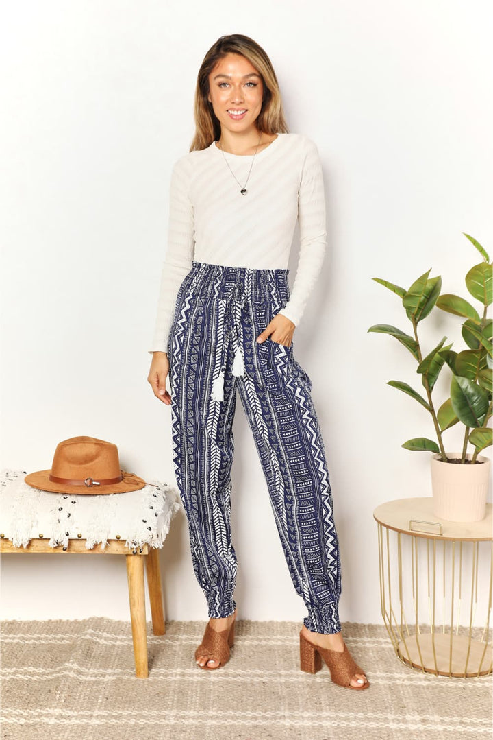 Double Take Geometric Print Tassel High-Rise Pants - The Teal Antler Boutique