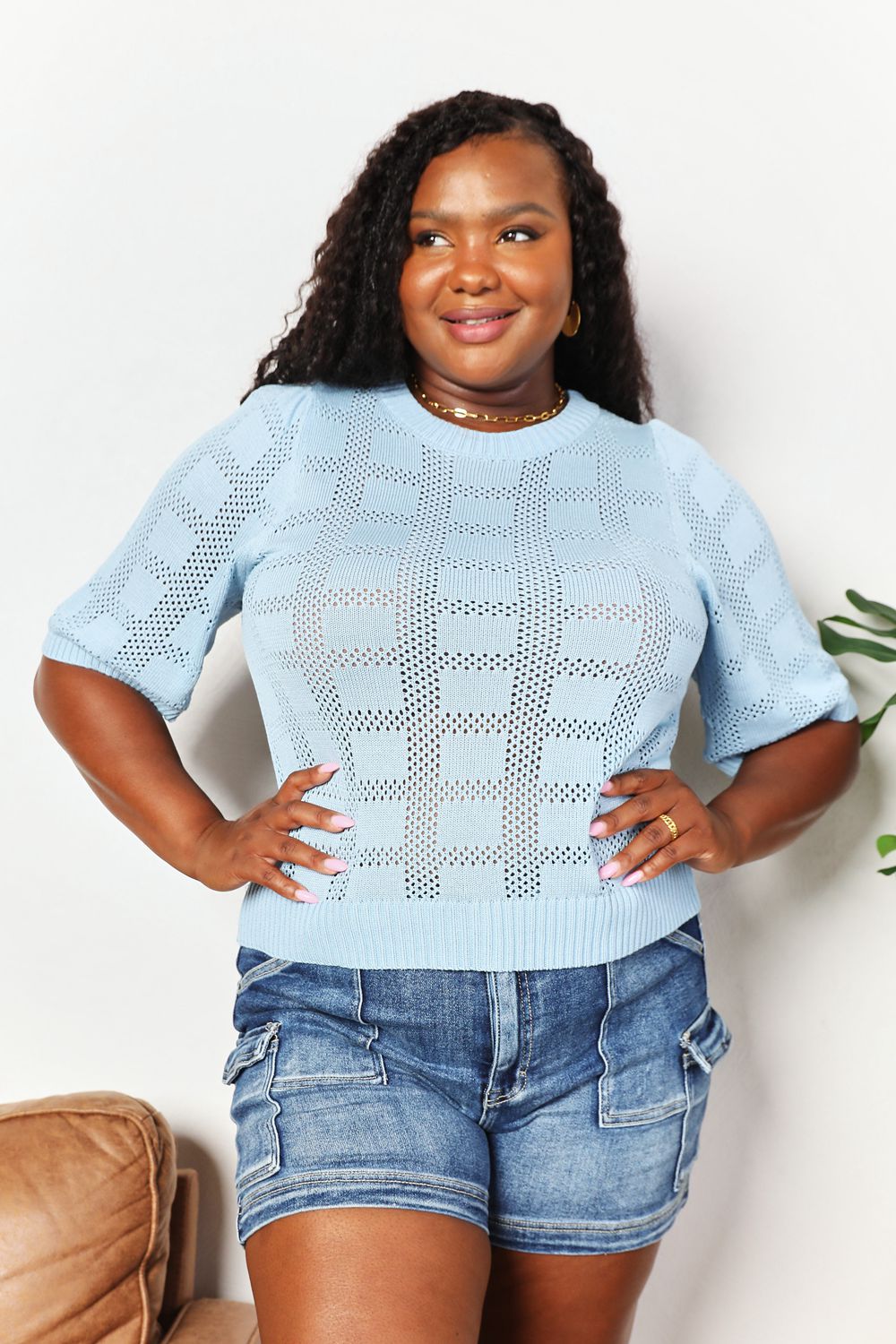 Double Take Ribbed Trim Round Neck Knit Top - The Teal Antler Boutique