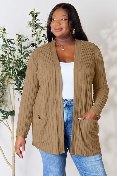 Basic Bae Full Size Ribbed Open Front Cardigan with Pockets - The Teal Antler Boutique